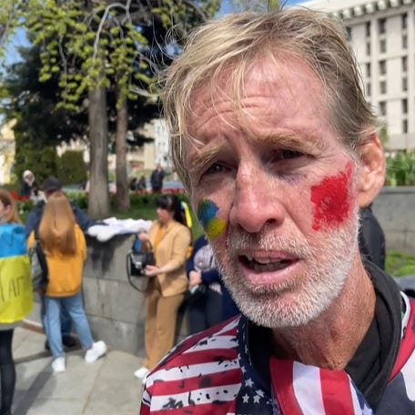 This screengrab taken from AFPTV on September 16, 2024 shows Ryan Wesley Routh speaking during an interview at a rally to urge foreign leaders and international organisations to help provide humanitarian corridors for the evacuation of civilians and Ukrainian servicemen from Mariupol in central Kyiv on April 27, 2022, amid Russia's invasion of Ukraine. US media said it was Routh, 58, who was arrested after US Secret Service agents "opened fire on a gunman" carrying an AK-47 style rifle   near the boundary of Donald Trump's Florida golf course where the former president was golfing on September 15, 2024.