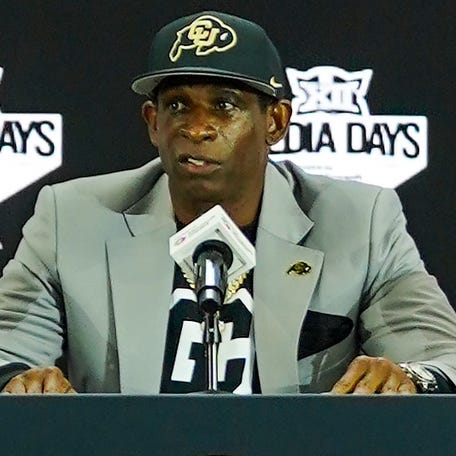 Colorado coach Deion Sanders speaks with the media during 2025 Big 12 Football Media Days at The Star.