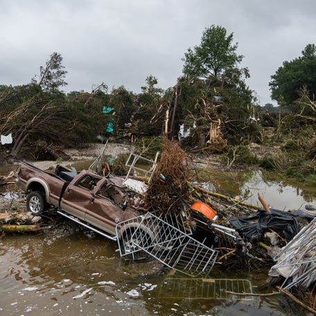 Flood waters left debris including vehicles and equipment scattered in Louise Hays Park on July 5, 2025 in Kerrville, Texas.