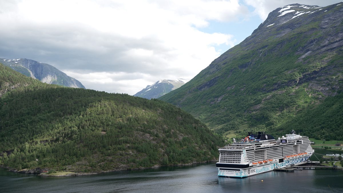 The cruise ship MSC Euribia moors in the harbour in Hellesylt, in the Geirangerfjord, Norway, on June 25, 2024.