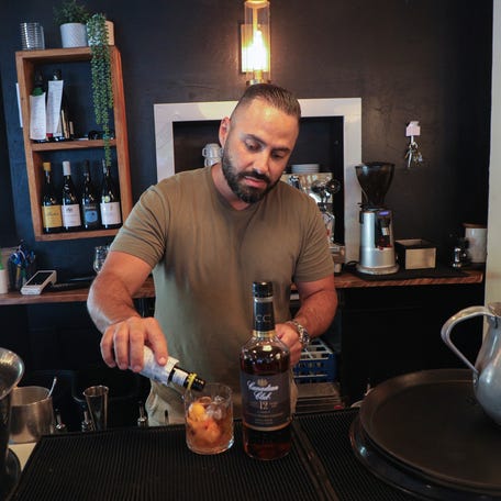 Alain Ejeil, owner of the Bidon Taverne Culinaire in St. Lambert, Quebec in the Montreal area prepares to make an Old Fashioned with Canadian rye substituting for U.S. bourbon. Ejeil has removed all American alcohol and food products from his menu to protest Donald TrumpÕs tariffs and negative attitudes toward Canada.