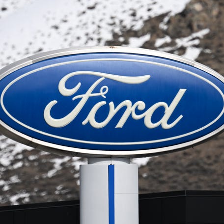 The Ford Motor Co. logo is displayed outside of Ford automobile dealership in Hailey, Idaho on March 21, 2025. (Photo by Patrick T. Fallon / AFP) (Photo by PATRICK T. FALLON/AFP via Getty Images)