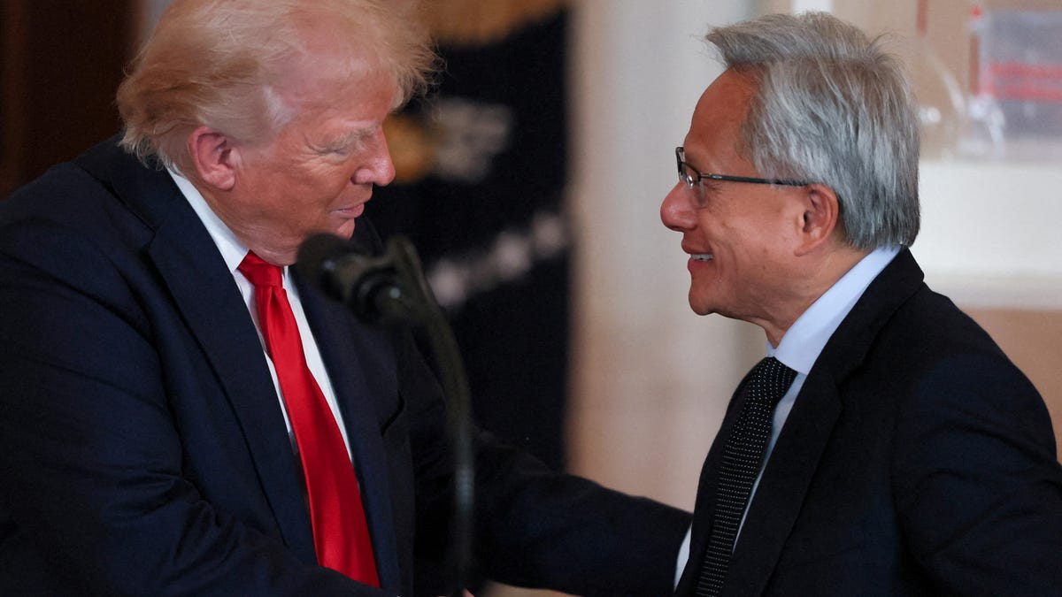NVIDIA CEO Jensen Huang and U.S. President Donald Trump shake hands at an 'Investing in America' event in Washington, D.C., U.S., April 30, 2025.