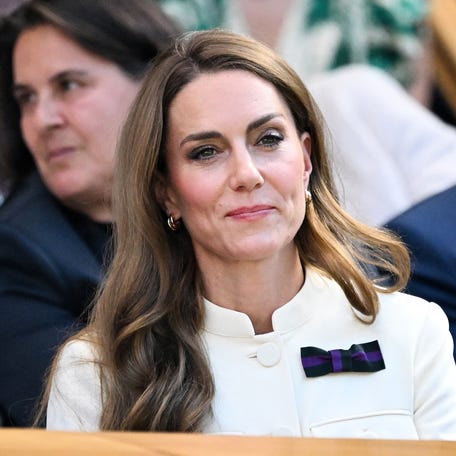 Princess Kate reacts as she sits for the women's singles final tennis match at the 2025 Wimbledon Championships at The All England Lawn Tennis and Croquet Club on July 12, 2025.