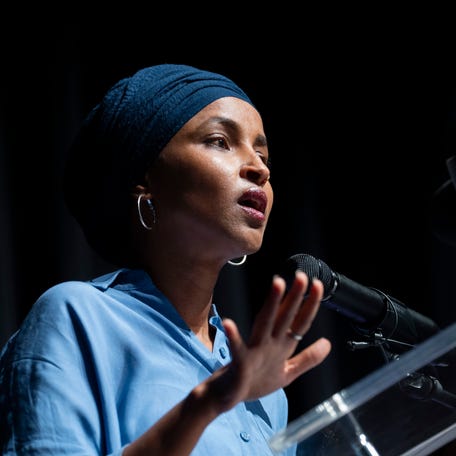 U.S. Rep. Ilhan Omar, D-Minnesota, addresses a town hall in Antioch, Tennessee, on July 12, 2025.