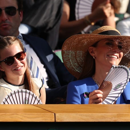 Princess Charlotte, left, and Princess Kate attend the men's singles final between Jannik Sinner and Carlos Alcaraz at Wimbledon on July 13, 2025, in London.