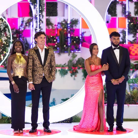 "Love Island USA" Season 7 finalists Olandria Carthen and Nic Vansteenberghe, and Amaya Espinal and Bryan Arenales.