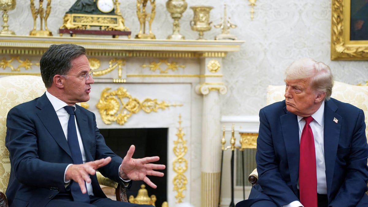 President Donald Trump meets with NATO Secretary General Mark Rutte, on the day President Trump announces a deal to get U.S. weapons to NATO, in the Oval Office at the White House in Washington, D.C., U.S., July 14, 2025.