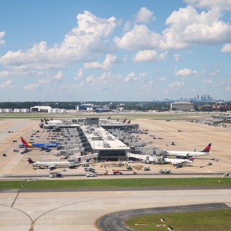 Passenger aircraft are seen from the air at Hartsfield-Jackson Atlanta International Airport in Atlanta, Georgia, on July 2, 2025.