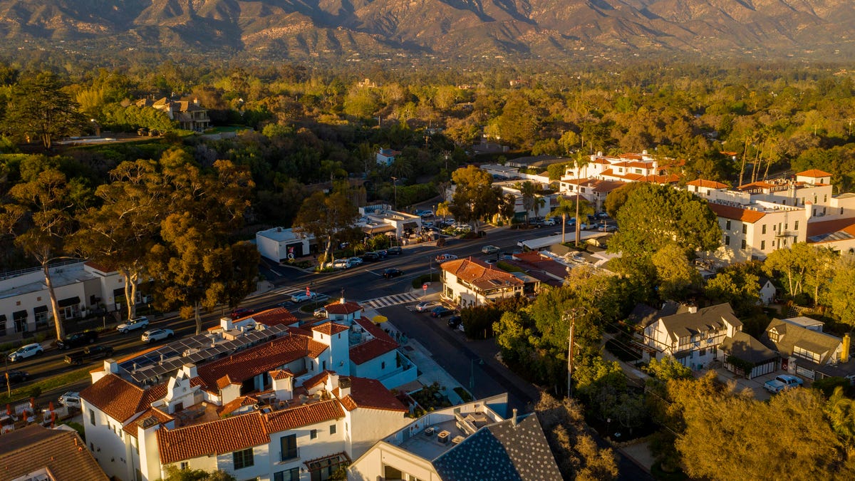 This aerial view of the Montecito neighborhood of Santa Barbara, California, on March 5, 2021.