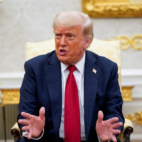 U.S. President Donald Trump meets with NATO Secretary General Mark Rutte (not pictured), as President Trump announces a deal to send U.S. weapons to Ukraine through NATO, in the Oval Office at the White House in Washington, D.C., U.S., July 14, 2025. REUTERS/Nathan Howard