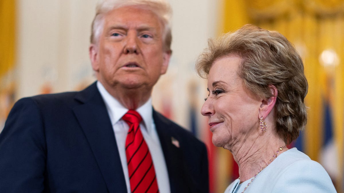 Secretary of Education Linda McMahon smiles during a signing event for an executive order to attempt to shut down the Department of Education on March 20, 2025.