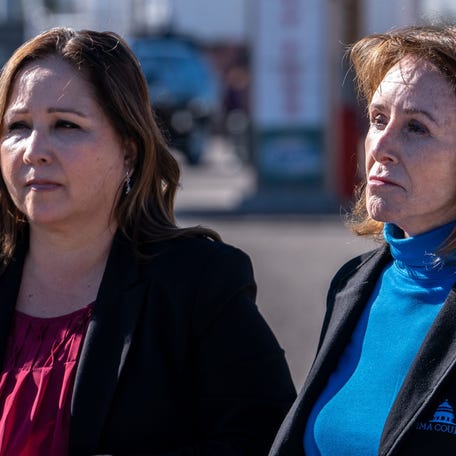 Pima County District 5 Supervisor Adelita S. Grijalva (left) and Pima County Administrator Jan Lesher (right) attend a news conference at the Lukeville Port of Entry in Lukeville, Ariz., on Jan, 4, 2024.