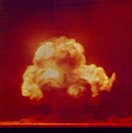 The United States detonated the first atomic bomb at 5:30 a.m. on July 16, 1945. The Trinity nuclear test took place at the Alamogordo Bombing Range in south central New Mexico.
