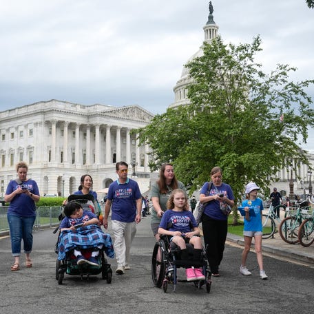 Stacy Staggs, second from right, from Charlotte, NC and her daughter Sara Staggs, right, along with other families of children with disabilities who rely on Medicaid for critical health care services visit Capitol Hill, Wednesday, July 2, 2025 lobbying congress as part of the group known as Little Lobbyists, a group advocating for kids with complex medical needs and disabilities.