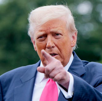 President Donald Trump speaks to the media as he departs the White House on July 15, 2025 in Washington, DC.