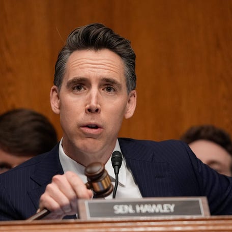 May 14, 2025; Washington, DC, USA; Sen. Josh Hawley, R-MO, spaeks as Robert F. Kennedy, Jr., Secretary of the Department of Health and Human Services, appears in front of the Senate Health, Education, Labor, and Pensions Committee in Washington, D.C., on May 15, 2025.. Mandatory Credit: Jack Gruber-USA TODAY via Imagn Images