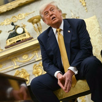 President Donald Trump speaks during a meeting with Bahraini Crown Prince Salman bin Hamad al-Khalifa in the Oval Office of the White House in Washington, DC, on July 16, 2025.