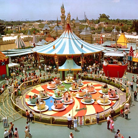 Disneyland's Mad Tea Party is seen it is original location, before being moved near the Matterhorn in 1983.