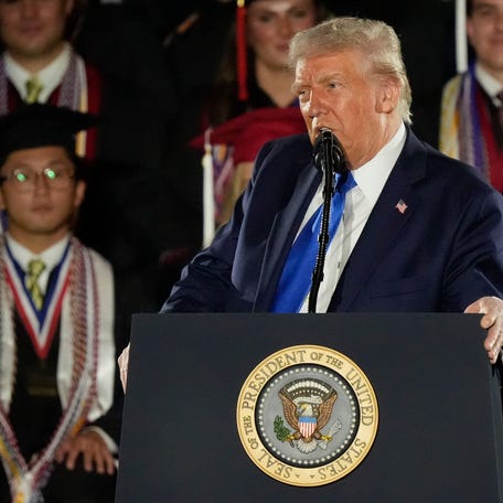 President Donald Trump delivers a special commencement address to University of Alabama graduates at Coleman Coliseum.