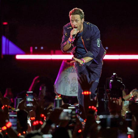Chris Martin of Coldplay performs on a stop of the band's Music of the Spheres world tour at Allegiant Stadium on June 6, 2025, in Las Vegas.