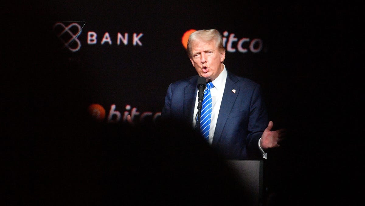 Former President Donald Trump addresses the Bitcoin 2024 conference at Music City Center in Nashville, Tenn., Saturday, July 27, 2024.
