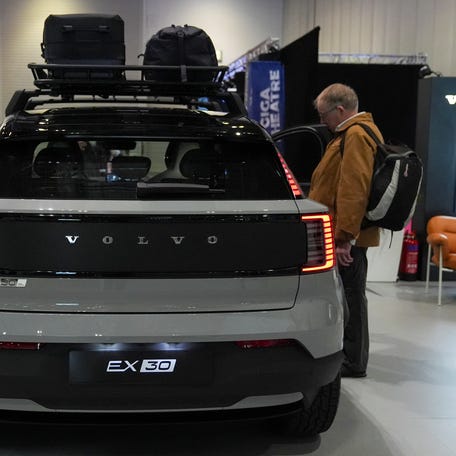 Volvo electric car is being exhibited at the Everything Electric, the Home Energy & Electric Vehicle Show, in London, Britain, April 16, 2025.