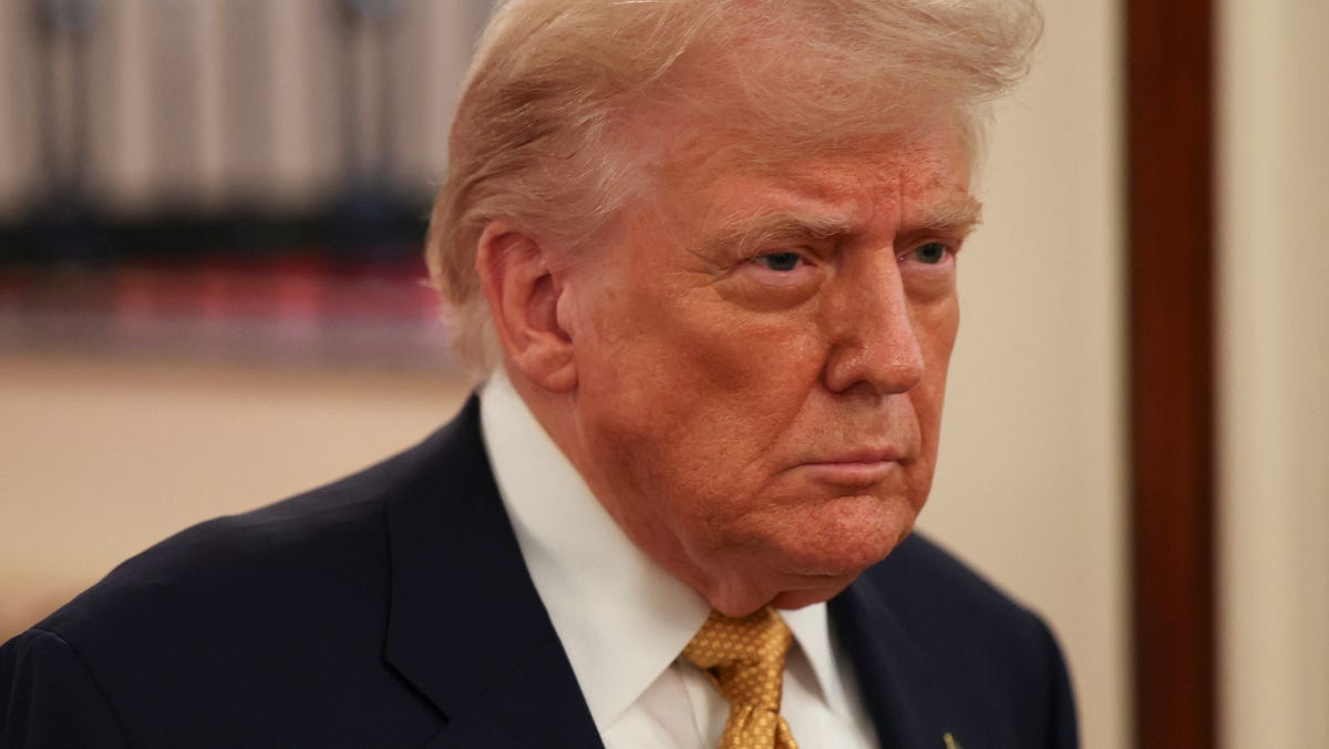 President Donald Trump looks on on the day he signs the HALT Fentanyl Act, in the East Room at the White House in Washington, D.C., U.S., July 16, 2025.