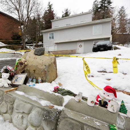 A memorial is seen in front of the residence where four University of Idaho students were found killed on in Moscow, Idaho.