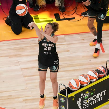 New York Liberty guard Sabrina Ionescu competes during the WNBA All-Star 3-point contest at Gainbridge Fieldhouse in Indianapolis on July 18, 2025.