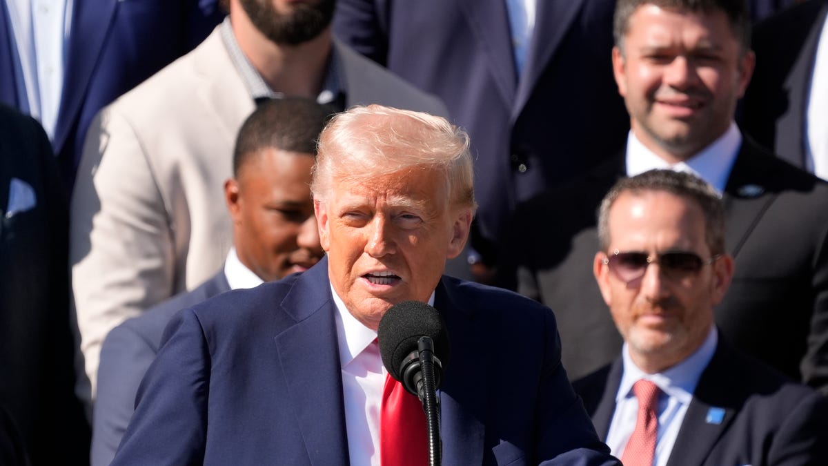 Apr 28, 2025; Washington, DC, USA; President Donald Trump honors the Super Bowl LIX champion Philadelphia Eagles at The White House in Washington D.C., on April 28, 2025. Mandatory Credit: Josh Morgan-USA TODAY via Imagn Images