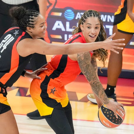 The Seattle Storm's Gabby Williams (5) is guarded by Napheesa Collier (24) of the Minnesota Lynx on Saturday, July 19, 2025, during the WNBA All-Star Game at Gainbridge Fieldhouse in Indianapolis.