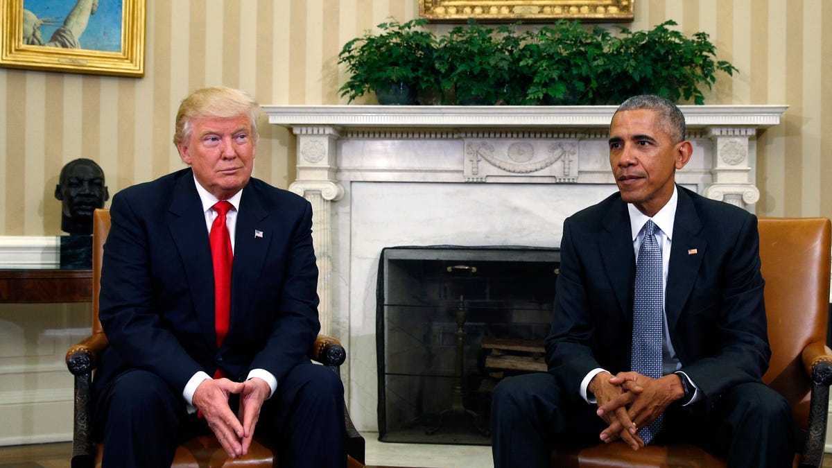President Barack Obama meets with President-elect Donald Trump to discuss transition plans in the White House Oval Office on Nov. 10, 2016.