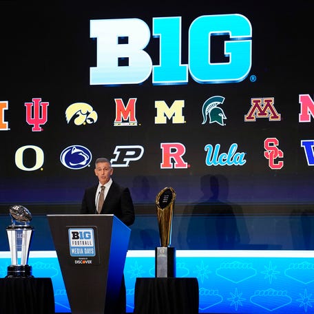 Big Ten commissioner Tony Petitti speaks to the media during the Big Ten college football media days Tuesday, July 22, 2025, at Mandalay Bay Resort in Las Vegas.