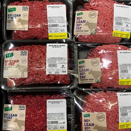 Packaged of ground beef are displayed at a Safeway store on May 02, 2024 in San Anselmo, California.