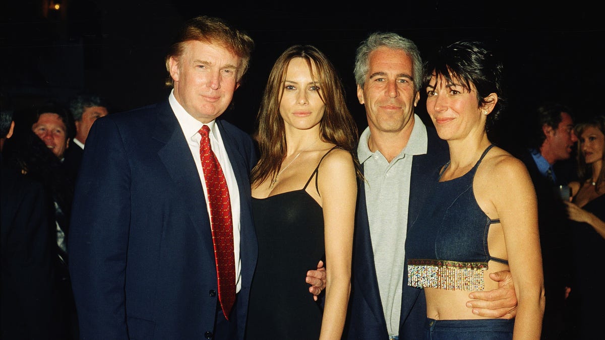 From left, American real estate developer Donald Trump and his girlfriend (and future wife), former model Melania Knauss, financier (and future convicted sex offender) Jeffrey Epstein, and British socialite Ghislaine Maxwell pose together at the Mar-a-Lago club, Palm Beach, Florida, February 12, 2000.