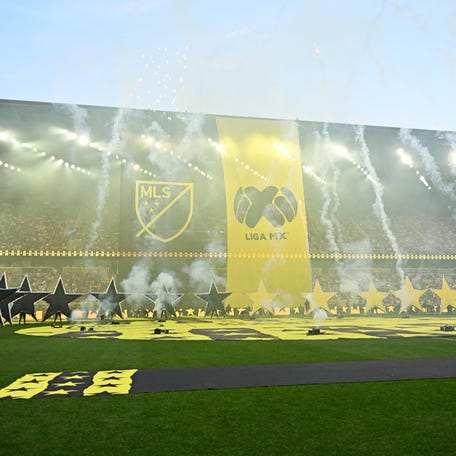 Fireworks go off on the pitch before the 2024 MLS All-Star Game between the MLS All-Stars and the Liga MX All-Stars at Lower.com Field on July 24, 2024.