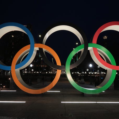 Jan 18, 2025; Atlanta, GA, USA; The Olympic rings at Centennial Park. Mandatory Credit: Kirby Lee-Imagn Images
