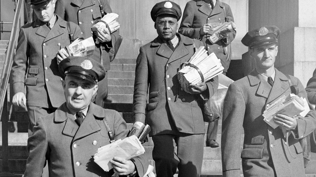 City letter carriers embark on their rounds in Washington, D.C., in January 1946. That year, more than 47 percent of the nation's city carriers were military veterans. Veterans had been given preference in appointments to federal jobs since the Civil War era. The Veterans' Preference Act of 1944 expanded and codified veterans' rights, giving them preference in competitive examinations, in appointments to federal positions, in reemployment and in retention.