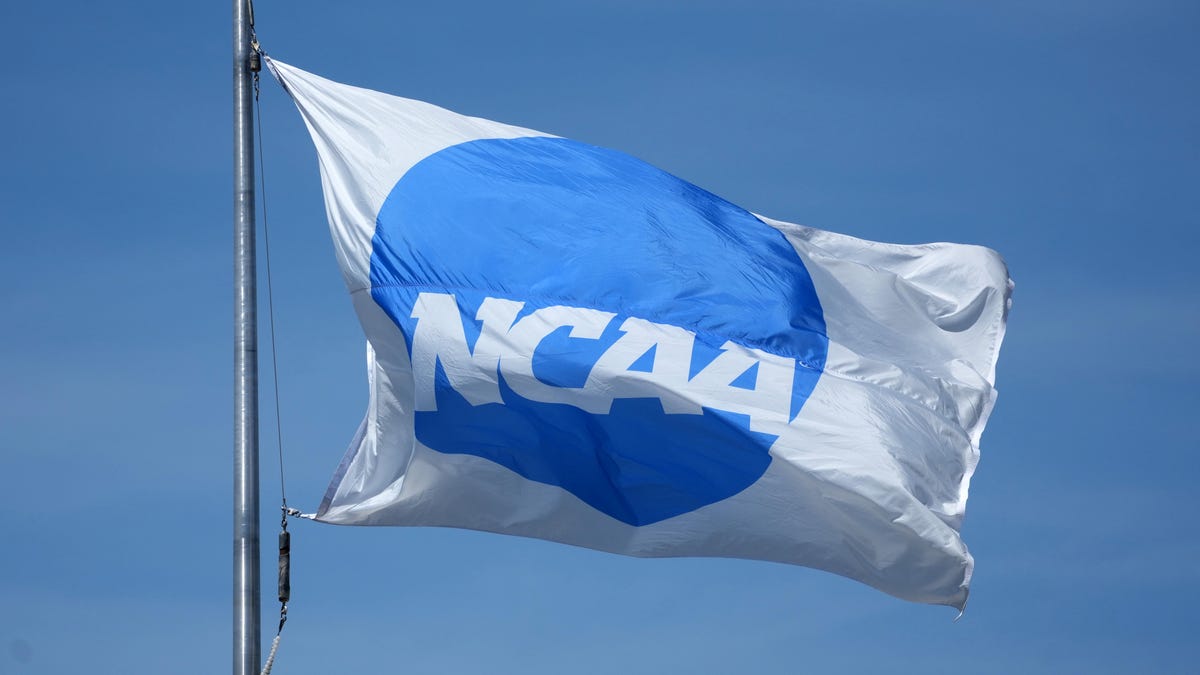 A NCAA logo flag at the NCAA Track and Field Championships at Hayward Field.
