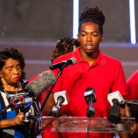 William McNeil Jr., 22, answers a few questions on July 23, 2025, alongside attorney Ben Crump and his great-grandmother Annette James, about his traffic stop arrest and beating by Jacksonville police.