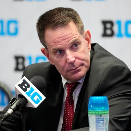 Jul 22, 2025; Las Vegas, NV, USA; Indiana head coach Curt Cignetti speaks to the media during the Big Ten NCAA college football media days at Mandalay Bay Resort. Mandatory Credit: Lucas Peltier-Imagn Images