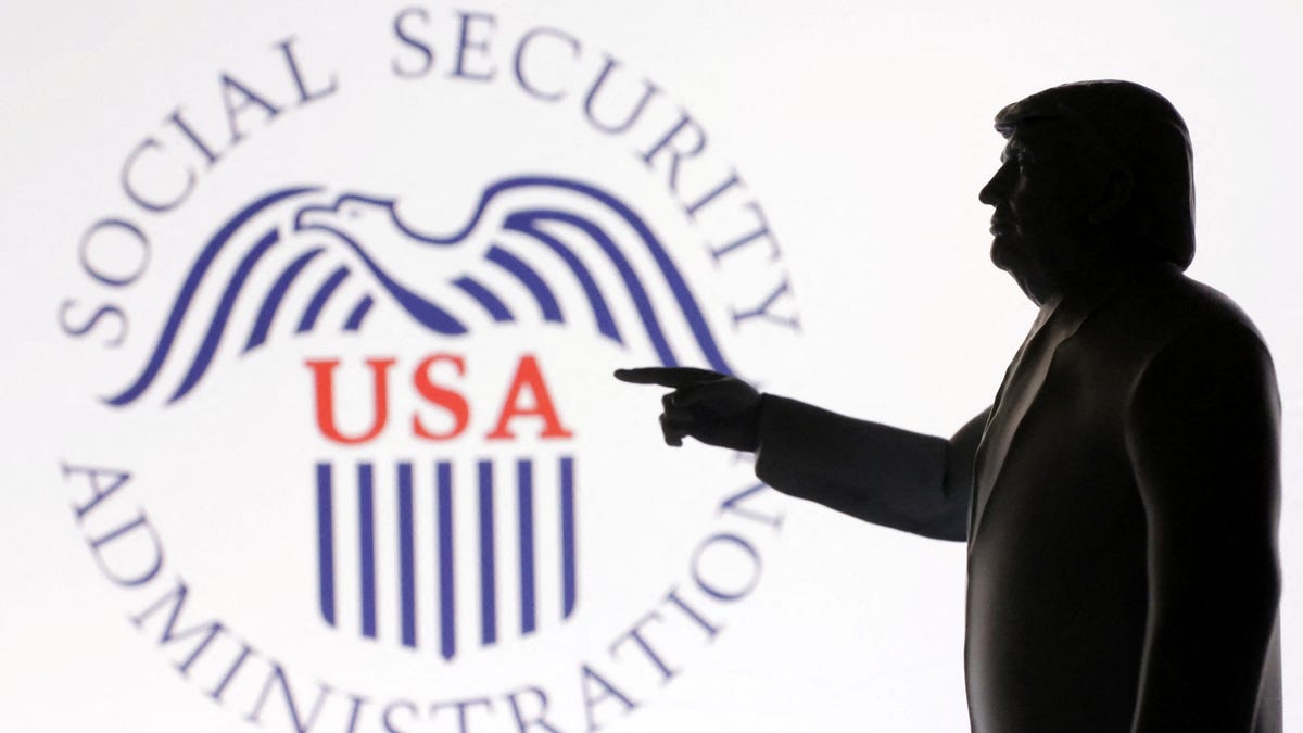 A 3D-printed miniature model of U.S. President Donald Trump with the Social Security Administration logo in the background is seen in this illustration taken April 23, 2025.