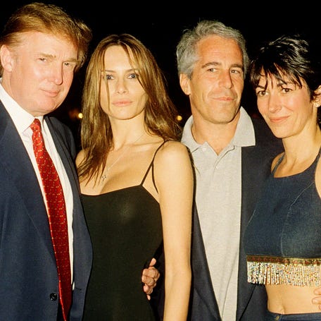 Future President Donald Trump, would-be first lady Melania Trump, financier Jeffrey Epstein and British socialite Ghislaine Maxwell in 2000 at Trump's Mar-a-Lago resort in Palm Beach, Florida.