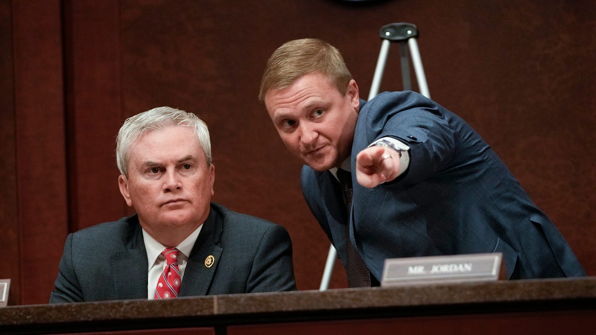 Jun 12, 2025; Washington, DC, USA; House Oversight Chair James Comer (R-KY), left, waits for Gov. Tim Walz (D-MN), Gov. Kathy Hochul (D-NY), and Gov. JB Pritzker (D-IL) to testify before the House Committee on Oversight and Government Reform during a hearing on state immigration enforcement policy in Washington, D.C., on June 12, 2025. Mandatory Credit: Jack Gruber-USA TODAY