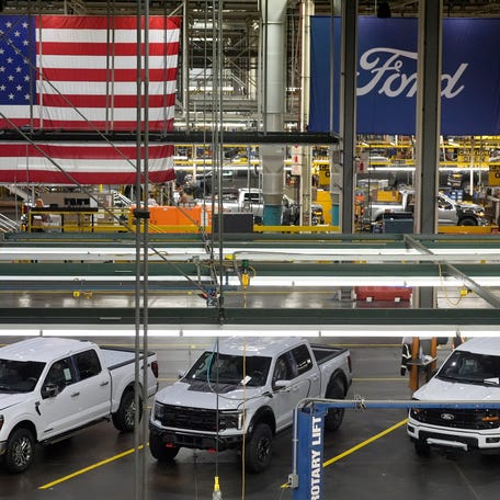 Ford F-150's at the Ford Motor Company Dearborn Truck Plant in Dearborn on Friday, July 18, 2025.  Ford has been taking more steps to improve quality of their vehicles with the high number of recalls they have had to put out over the past few years.