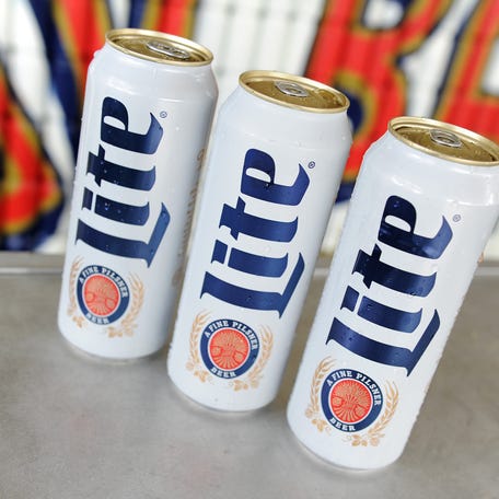 Miller Lite cans on display at the Miller Lite Beer Halla At the Governors Ball on June 3, 2016 in New York City.