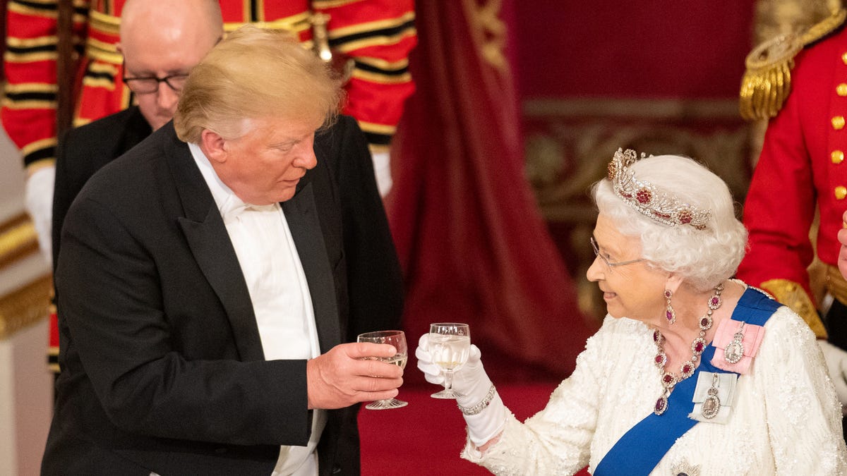 President Donald Trump and Britain's Queen Elizabeth raise their glasses to make a toast at the State Banquet at Buckingham Palace in London, Britain, June 3, 2019.
