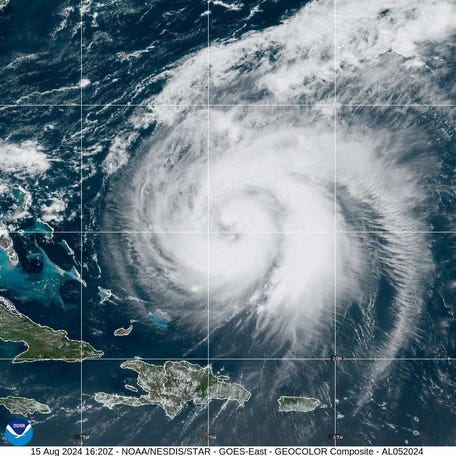 A satellite image shows Hurricane Ernesto in the eastern Atlantic Ocean on Aug. 15, 2024.