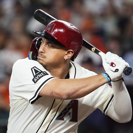 Arizona Diamondbacks' Josh Naylor bats against the Houston Astros in the first inning at Chase Field in Phoenix on July 23, 2025.